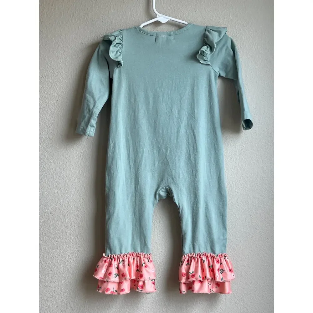 Marie Nicole Girls Sage Green Long Sleeve Cow Floral Raffle Romper 12-18 Months